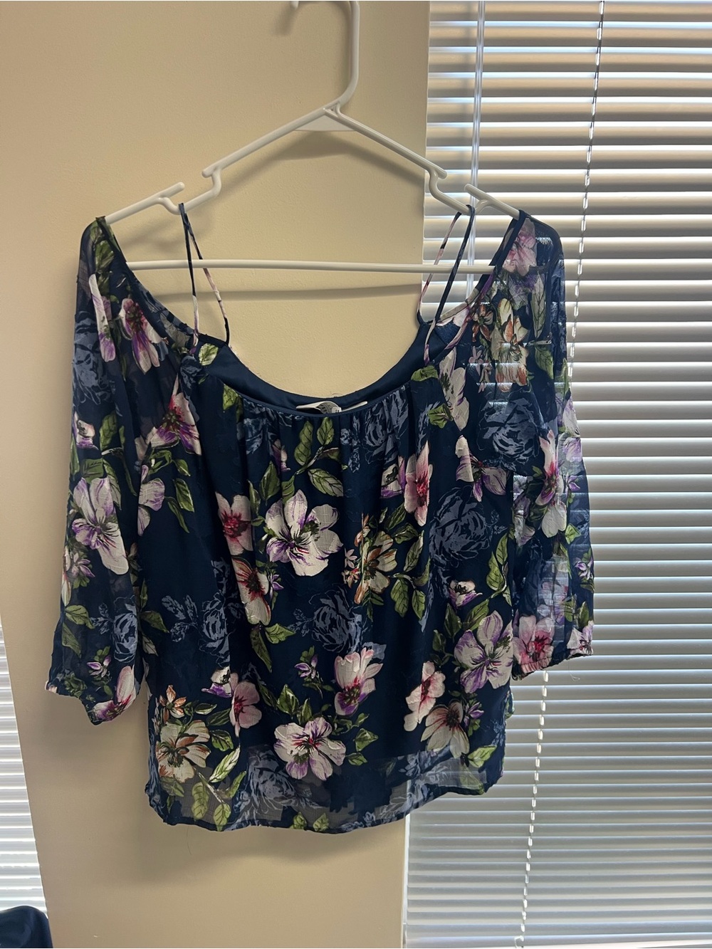 Alice Blue Navy Floral Off-Shoulder Blouse with Pink Blossoms